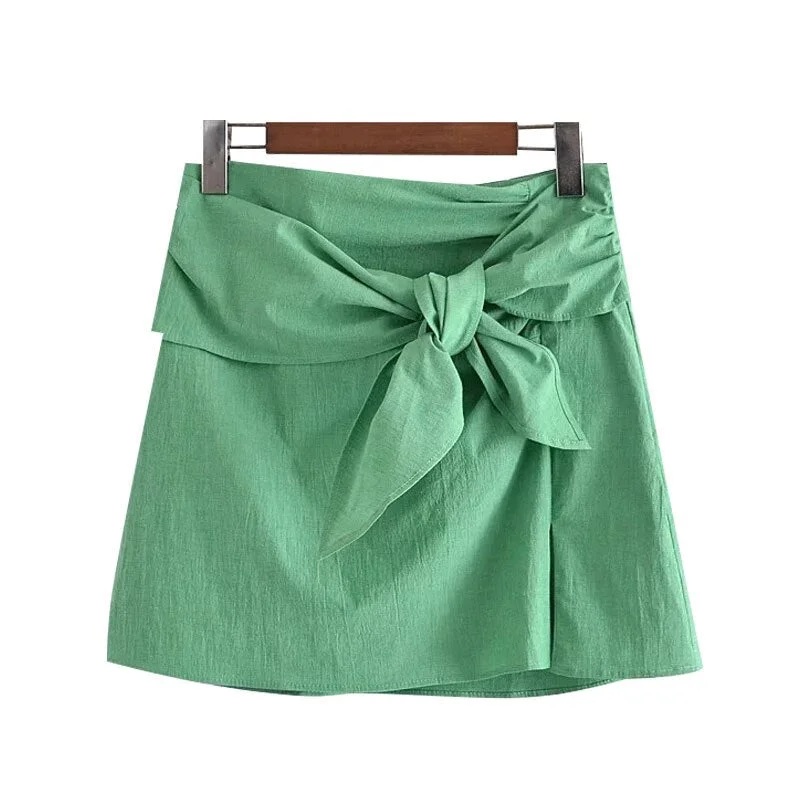 TRAF Women Chic Fashion With Bow Mini Skirt Vintage High Waist Side Zipper Female Skirts Mujer
