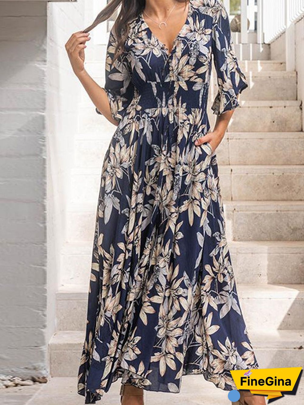 Light New V-neck Elegant Short-sleeved Printed Dress