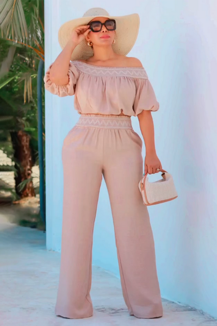 Off Shoulder Puff Sleeve Top Wide Leg Pants Vacay 2pcs Set-Pink [Pre Order]