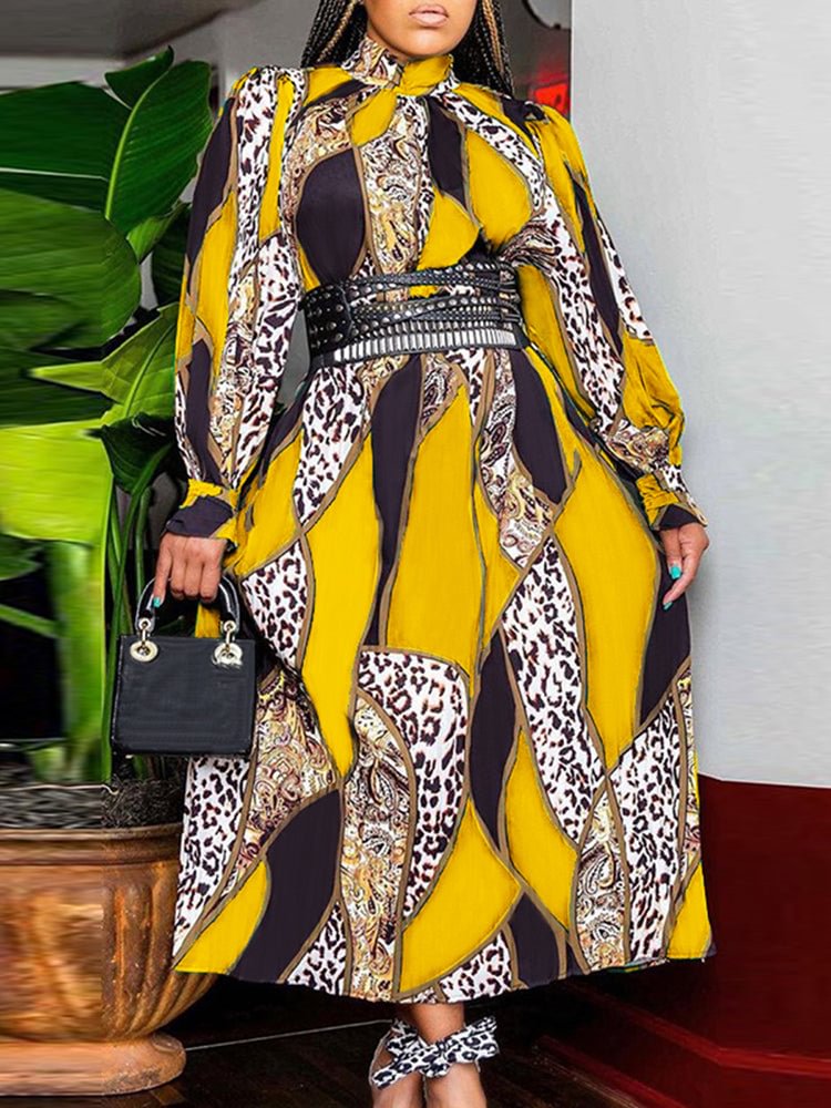 Large size printed high collar long sleeves A-line women's dress SKUI62388 QueenFunky