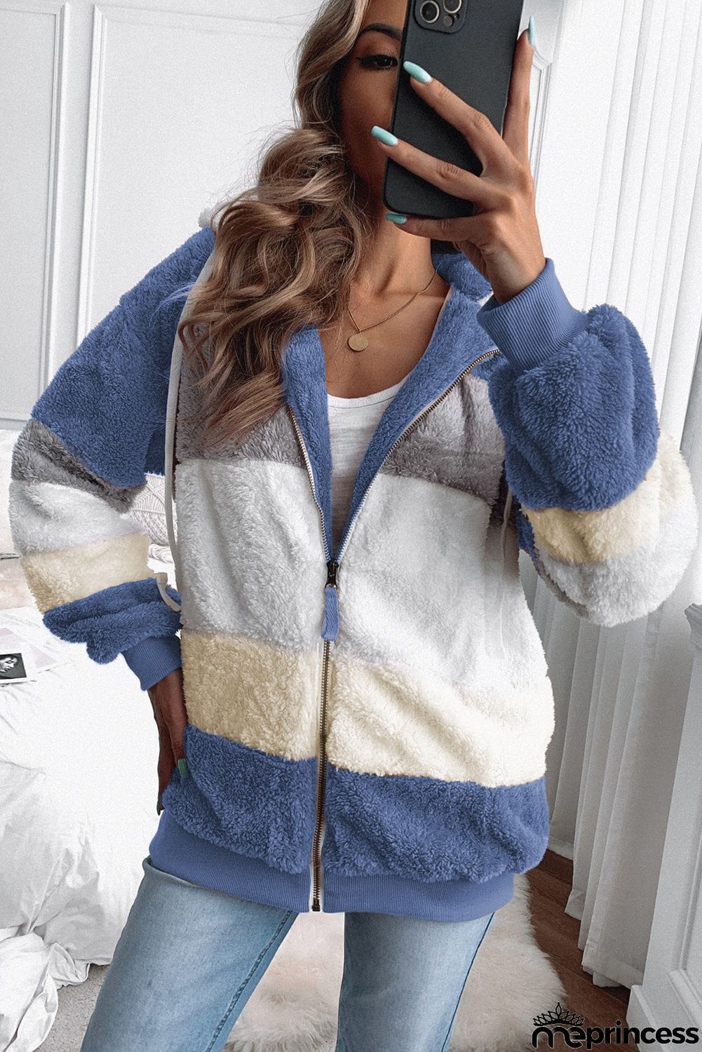 Colorblock Zip Up Sherpa Coat with Hooded