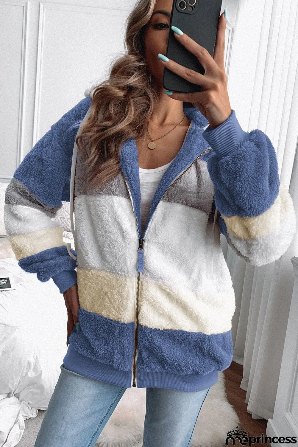 Colorblock Zip Up Sherpa Coat with Hooded