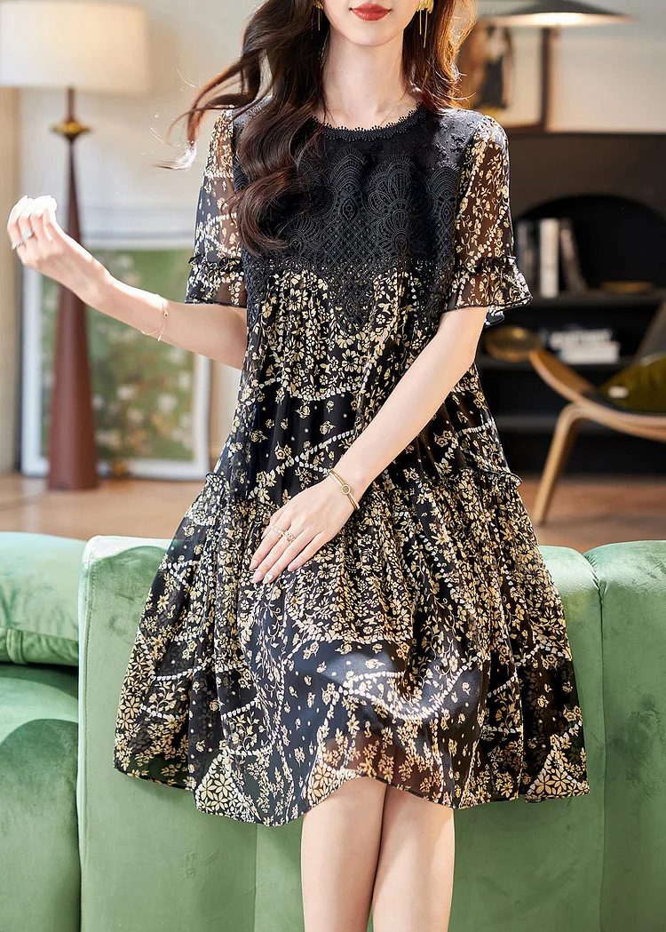 Elegant Black O Neck Lace Patchwork Print Chiffon Dress Summer
