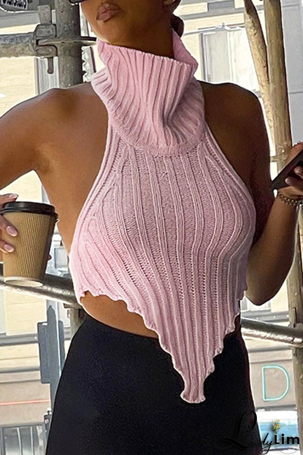 Black Sexy Casual Solid Backless Asymmetrical Turtleneck Tops