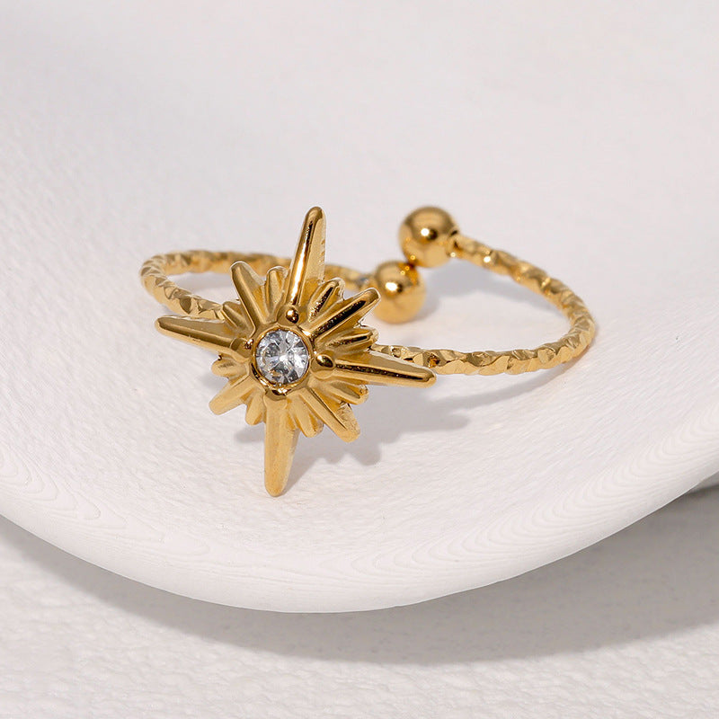 Fashionable Diamond-Studded Eight-Pointed Star With Simple Personality Design Star Ins Cold Style Stainless Steel Open Ring
