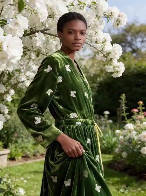 Loose Green Print Butterfly Lace Up Silk Velvet Long Dress Fall