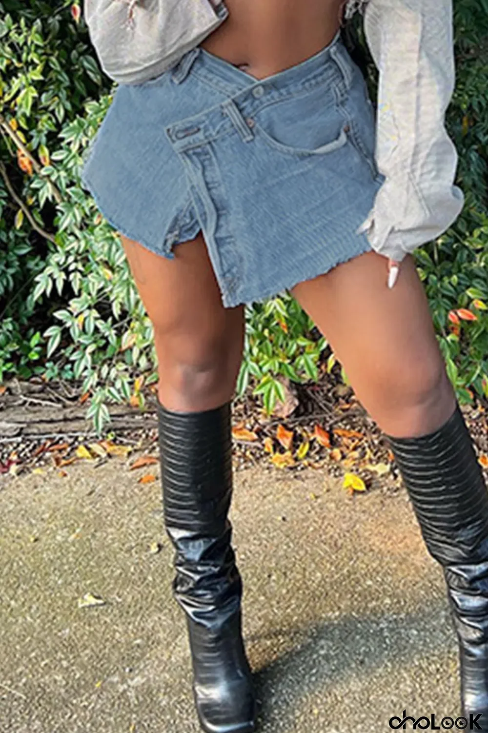 Sky Blue Street Solid Patchwork Buttons Asymmetrical Mid Waist Denim Skirts