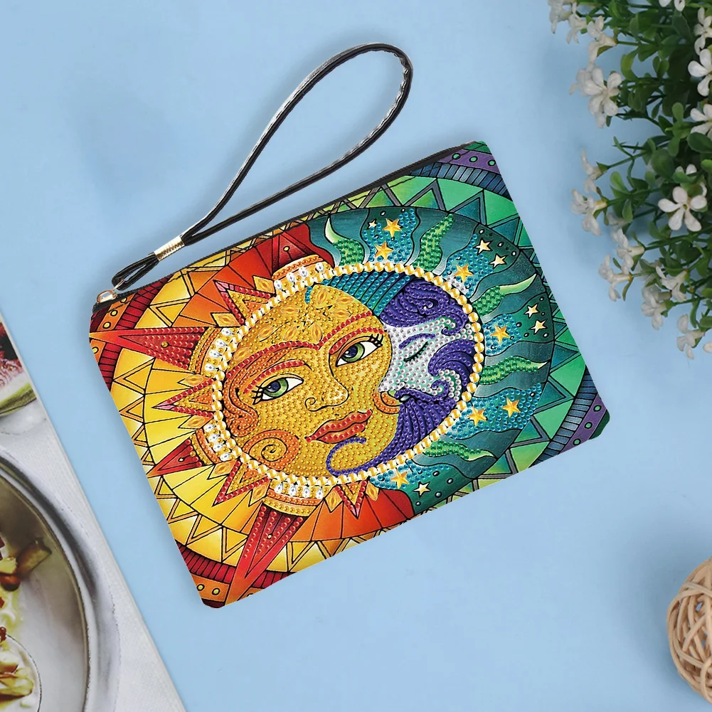 DIY Sun Moon PU Partial Special Shaped Diamond Painting Wallet Makeup Bag
