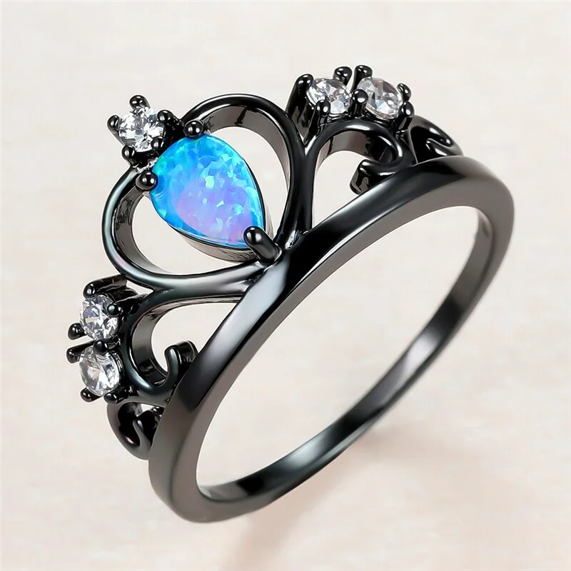 Dainty Female Blue Opal Stone Ring Charm 14KT Black Gold Thin Wedding Rings For Women Luxury Bride Hollow Crown Engagement Ring