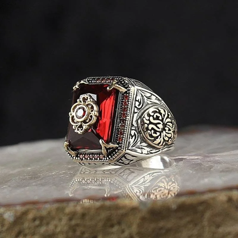 Vintage Handmade Turkish Signet Ring for Men  Ancient Silver Color Carved Eagle Ring Inlaid Red Zircon Punk Motor Biker Ring