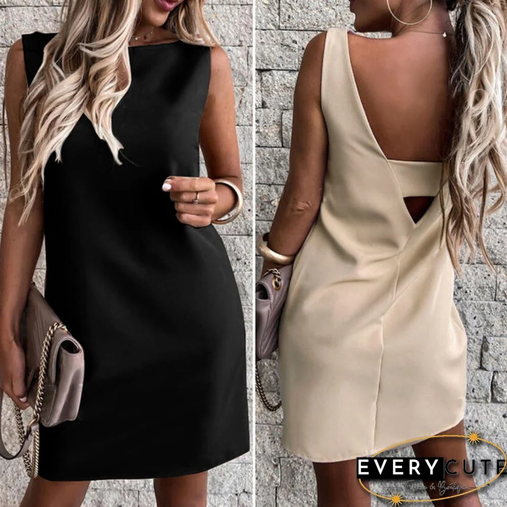Summer Retro Women Party Sleeveless Holiday Slim Sundress Wedding Round Neck Backless Mini Shirt Dress