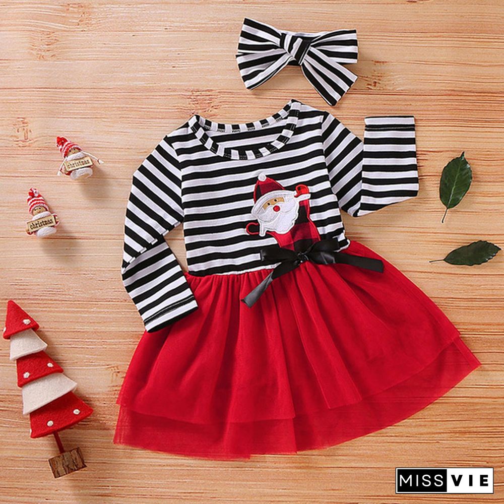 New Fashion Toddler Baby Girls Cute Christmas Santa Striped Print Tulle DressHeadband