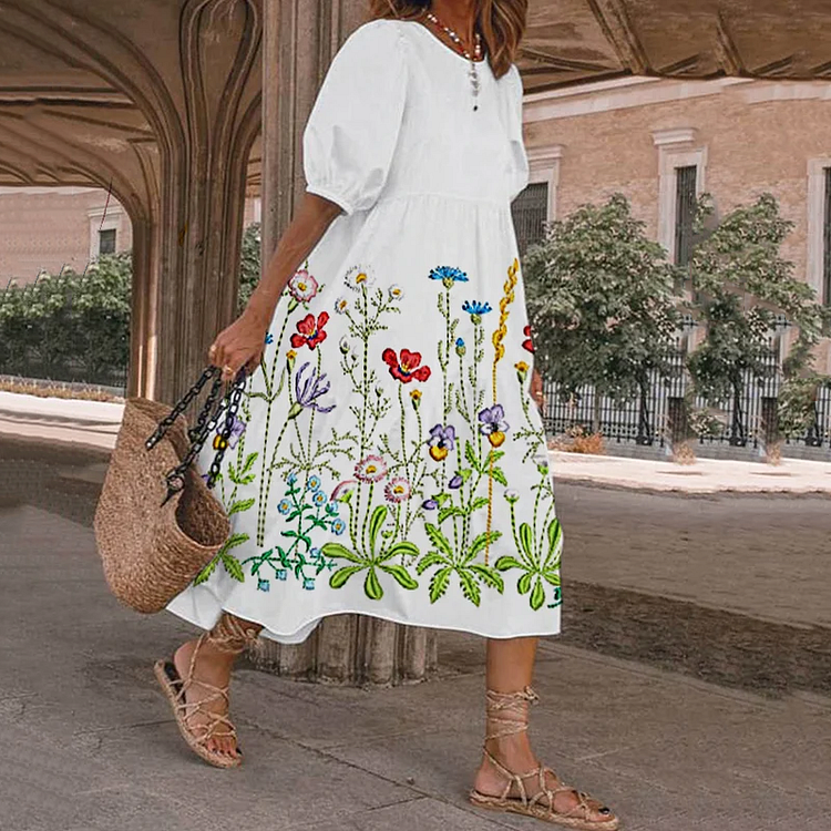 Comstylish Floral Embroidery Art And Spring Daisies Midi Dress