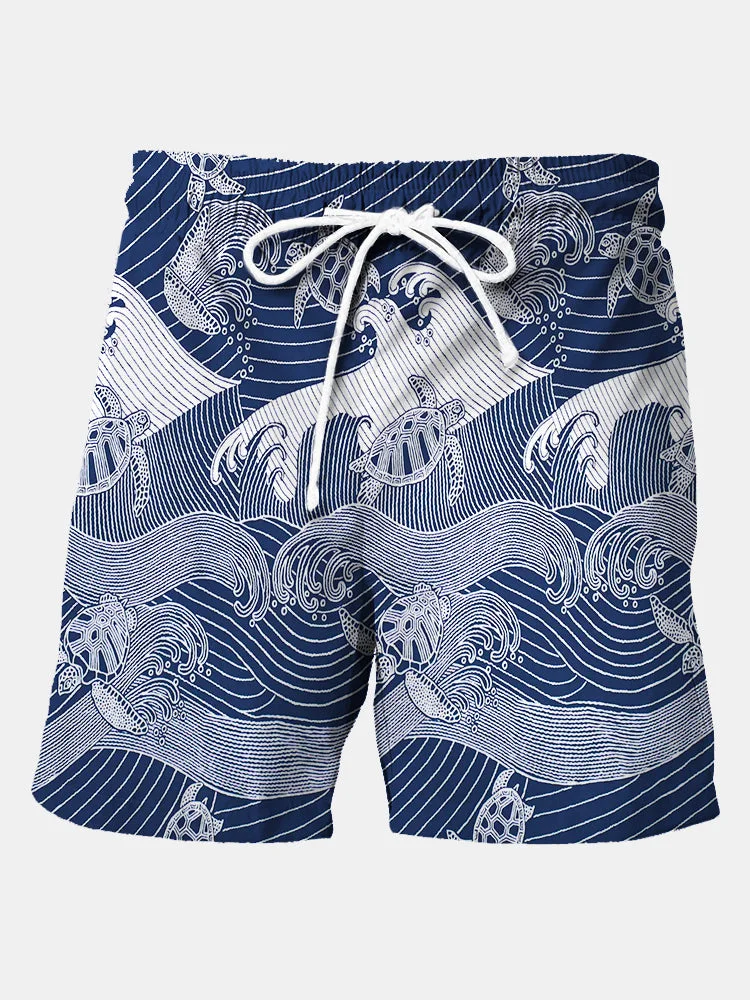 Men's Sea Turtle Wave Print Beach Pants Board Shorts