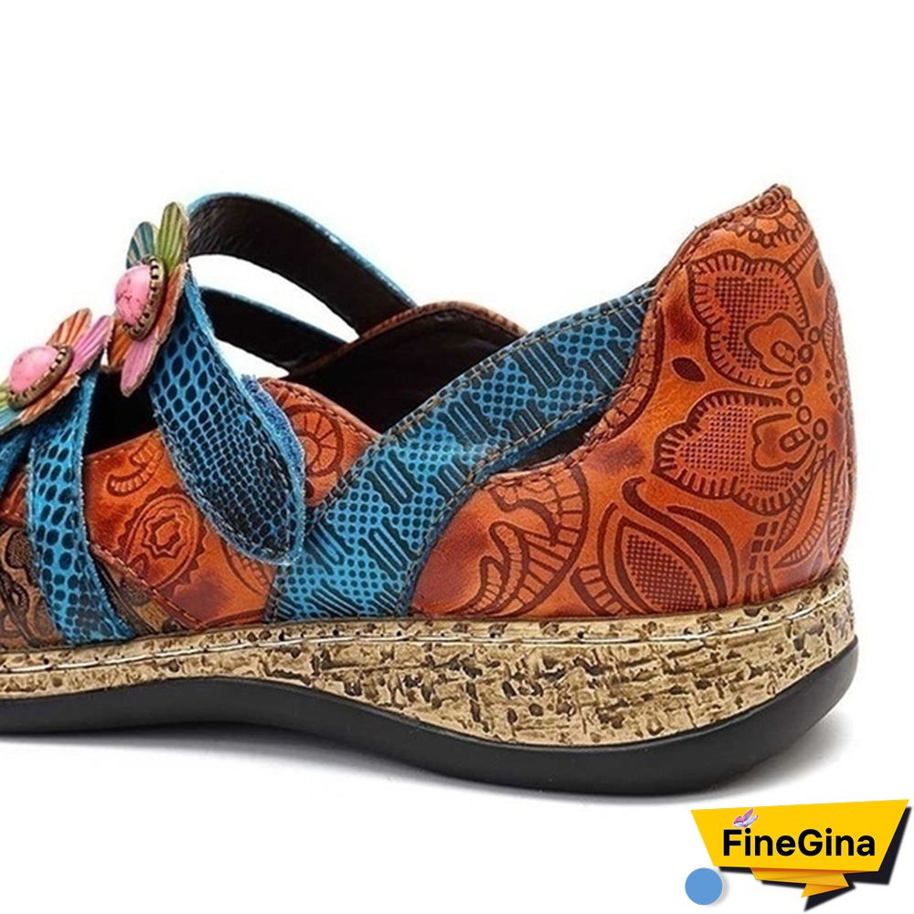 Vintage Floral Genuine Leather Splicing Colored Stitching Hook Loop Flat Shoes Spring Summer Casual Women Flat Shoes（2styles）