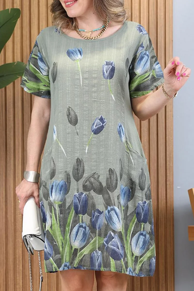 Colorblock Tulip Printed Linen Short Sleeve Casual Midi Dresses [Pre Order]