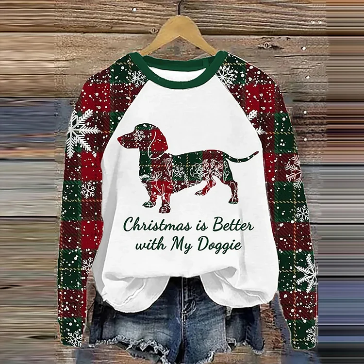 Wearshes Christmas Dachshund Plaid Christmas Is Better with My Doggie Print Hoodie Sweatshirt