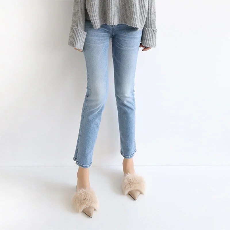 2019 new Korean fashion point flat bottom Fleece slippers Go out and drag women's shoes Fur shoes in autumn and winter