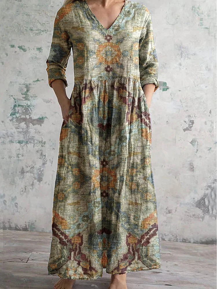 Women's  V-Neck Retro Geometric Pattern Cotton And Linen Dress