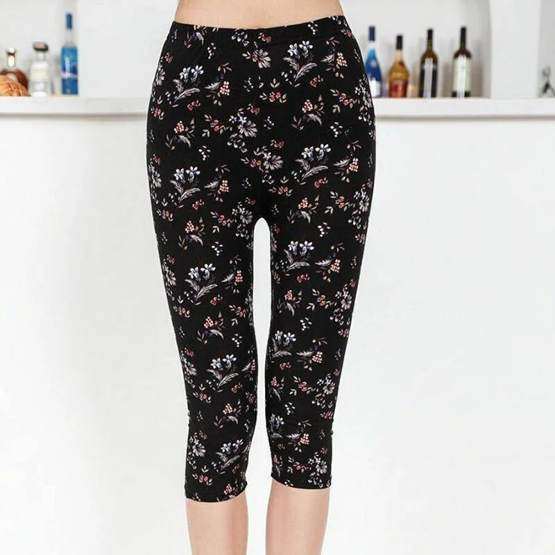 High Waist Floral Printed Fitness Leggings Mid-Calf Elastic Women Capris Push Up Trousers