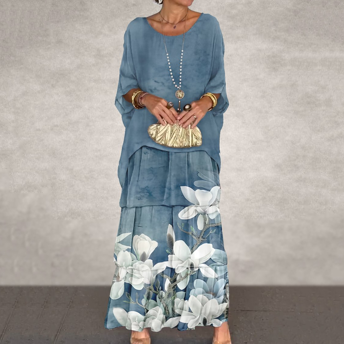 Elegant Flower Art Print Chiffon Cake Round Neck Bat Sleeve Skirt Dress