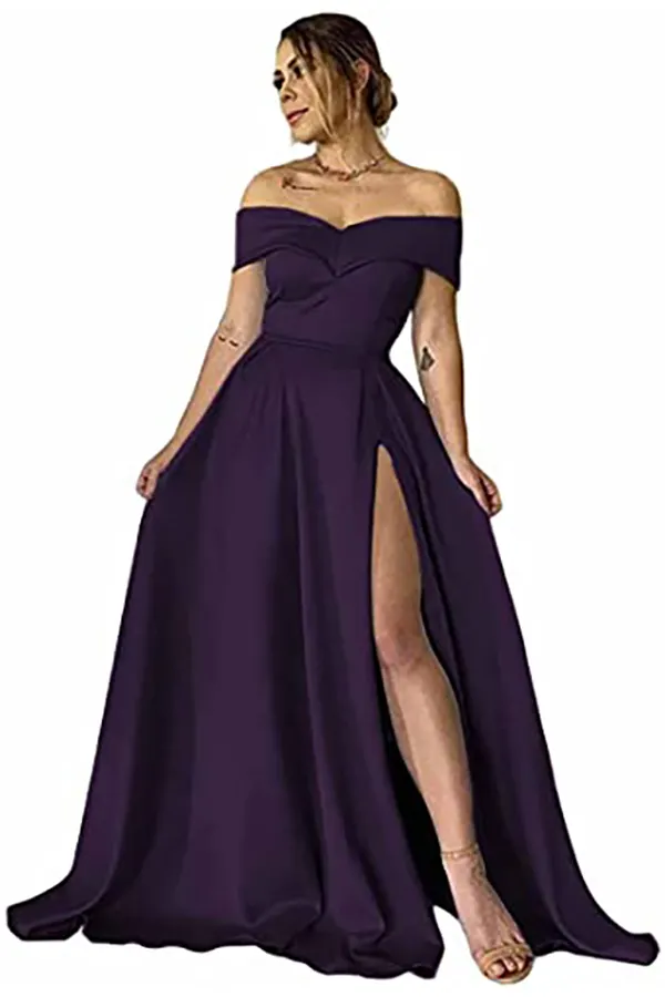 Off-The-Shoulder Sweetheart Neck Pleated Split Prom Dress in Ivory