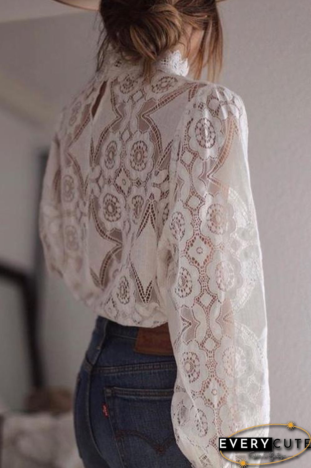 Lace Hollow Puff Sleeve T Shirt