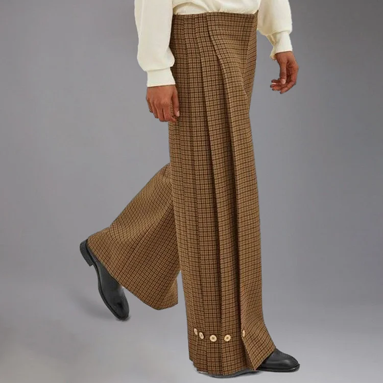 Casual Plaid Pattern Pleated Button Wide Leg Pants 