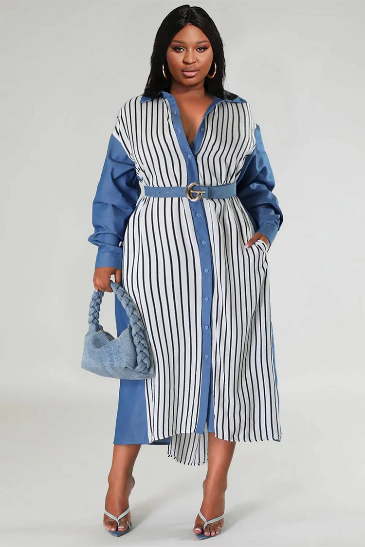 Xpluswear Design Plus Size Semi Formal Midi Dresses Casual Blue Striped Fall Winter Shirt Collar Long Sleeve Button Cotton Midi Dresses With Pocket [Pre-Order]