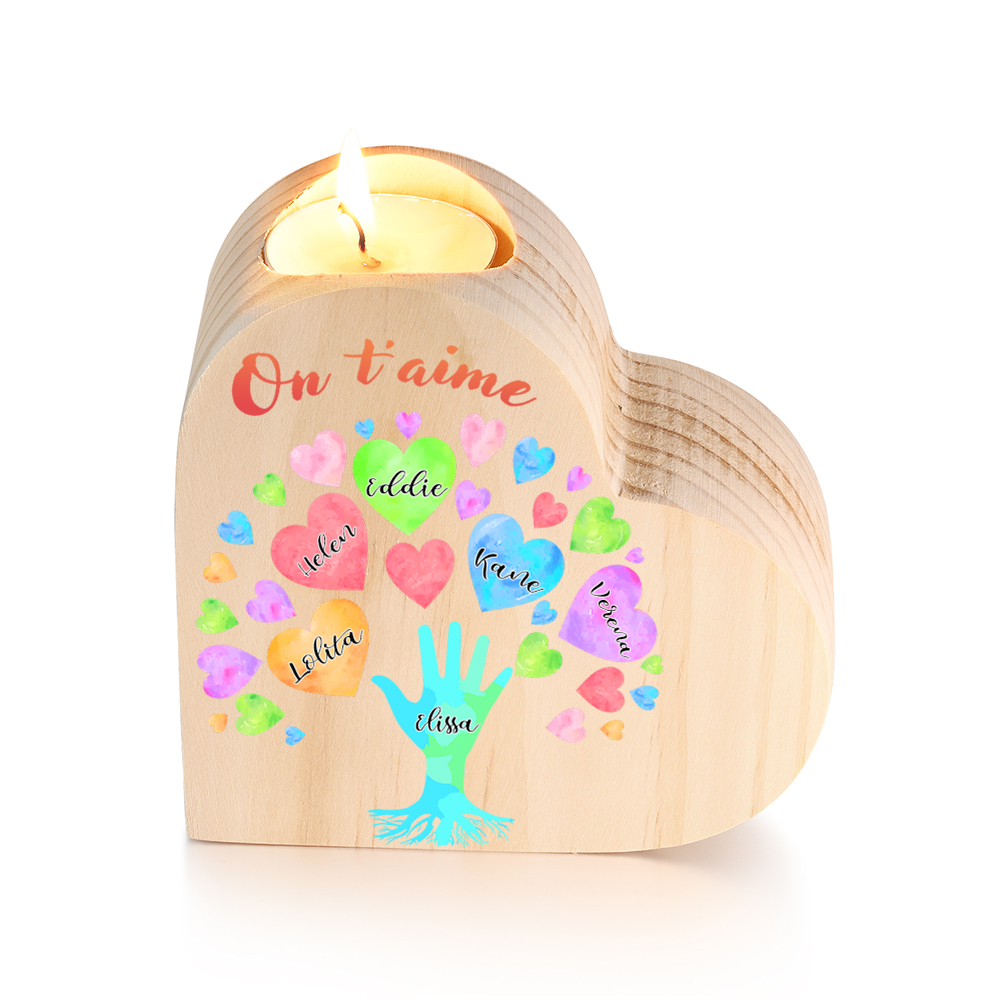 Bougeoir en Bois 6 Prénoms Personnalisés avec Texte sans bougie pour Famille