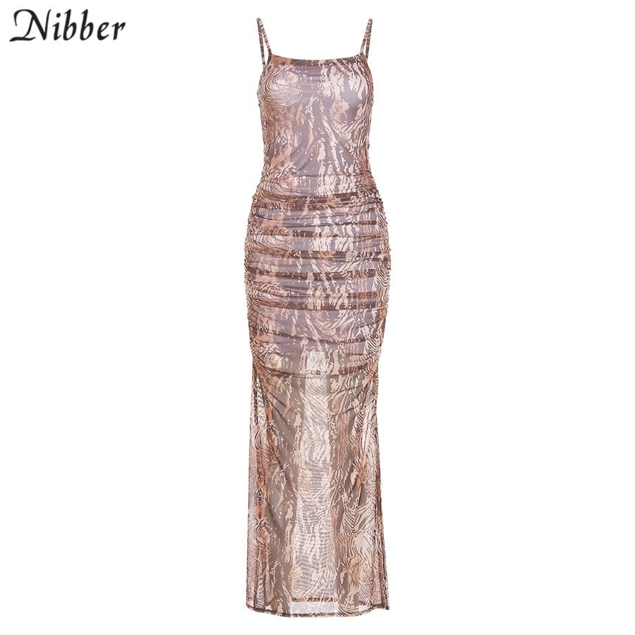 Nibber Y2K Sling Tight Mesh Summer Dress Woman Traf Robe Party Sleeve Elegant Long Dress Holiday Travel Daily Office Banquet