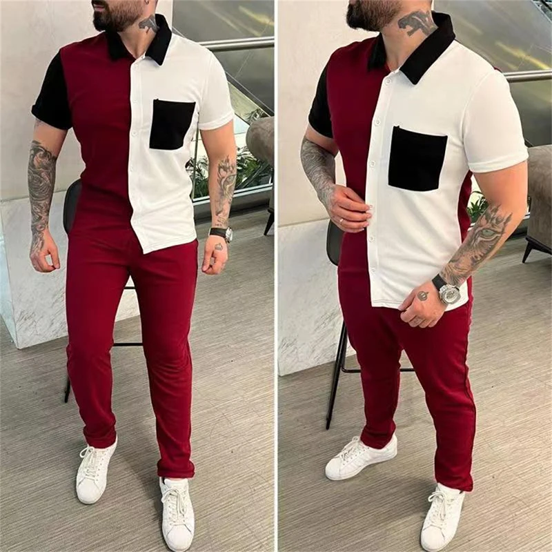 Wlmerlist mens winter vest Sports Two Piece Set Mens Outfits Fashion Patchwork Shirt and Pants Suits Men Clothing Classic Style Tracksuits Casual Men Suits