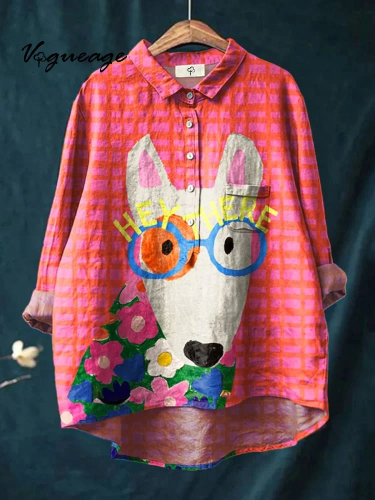 Plaid Cartoon Glasses Puppy Print Cotton And Linen Shirt