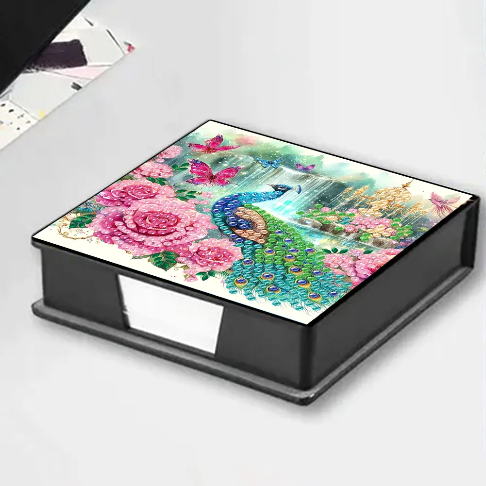 DIY Flower Peacock Leather Diamond Art Note Box with 160 Sheets of Paper for Beginners