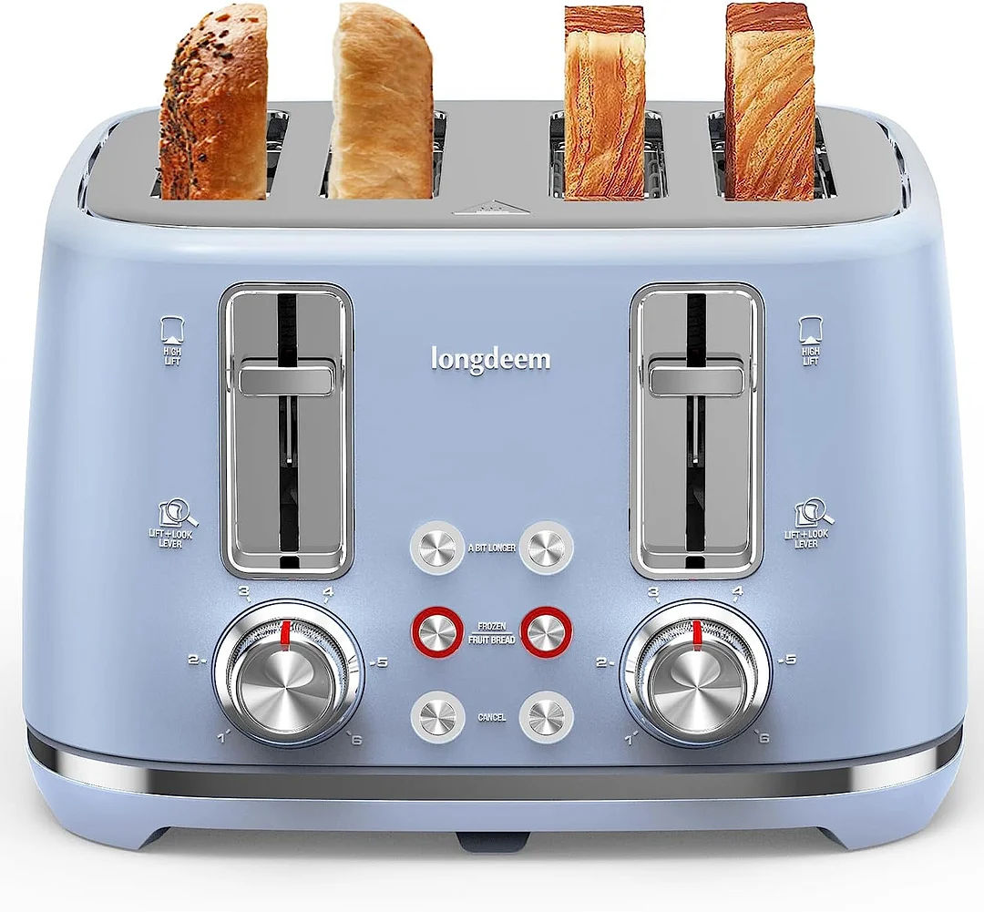 Longdeem 4-slice Toaster, Stainless Steel With Extra-wide Slots,  Bagel/defrost/cancel, 6 Settings, Easy Clean Tray, Large Handle, Chrome  Accents In Stylish Pastel Blue, Compact And Modern