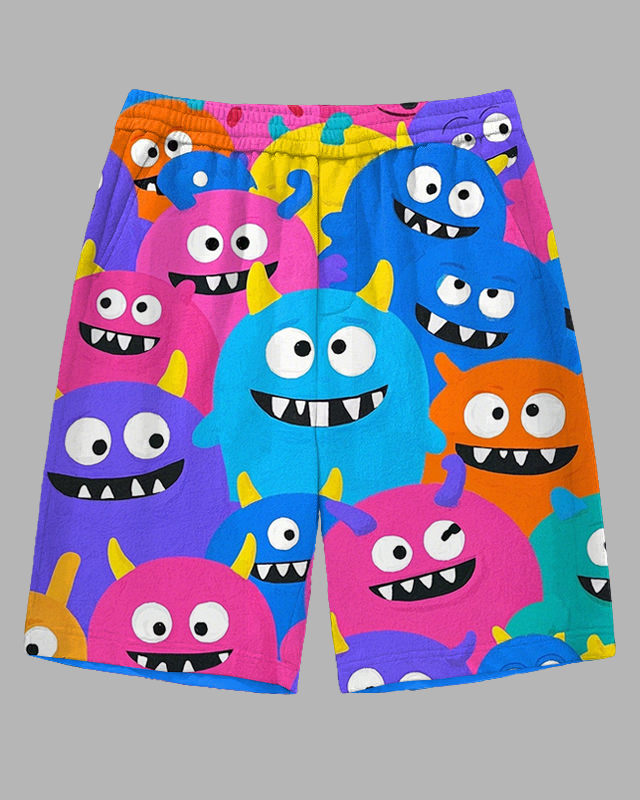 Big and Tall Men's Funny Cartoon Colorful Monsters Printed Street Fashion Casual Shorts