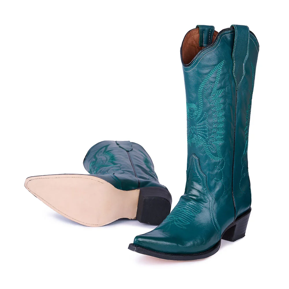 Teal Chunky Heel Pointed Toe Cowgirl Boots with Eagle Embroidery