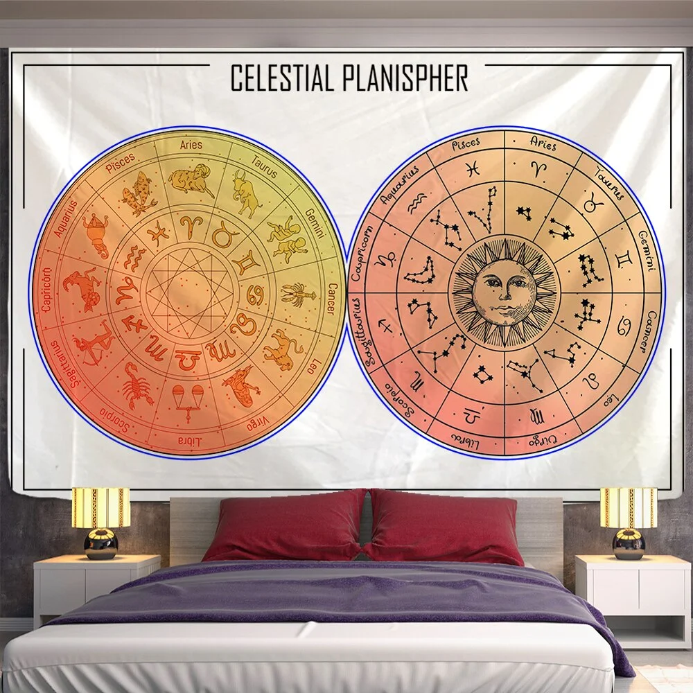 Sun Constellation Compass Mandala Tapestry Wall Hanging Celestial Wall Tapestry Hippie Wall Carpets Dorm Decor Psychedelic Tape