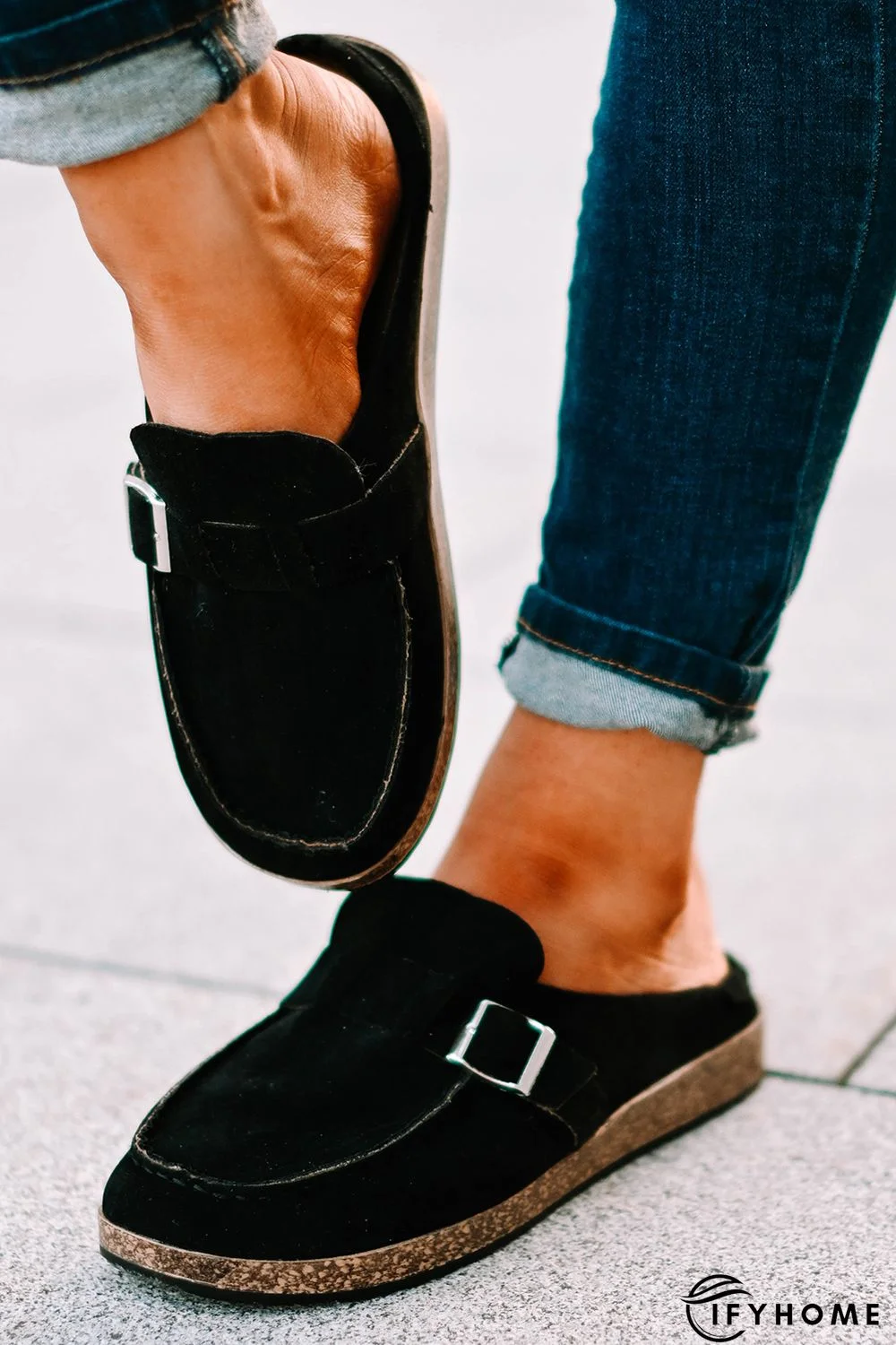 Black Faux Suede Buckle Detail Flat Mule Slippers | IFYHOME