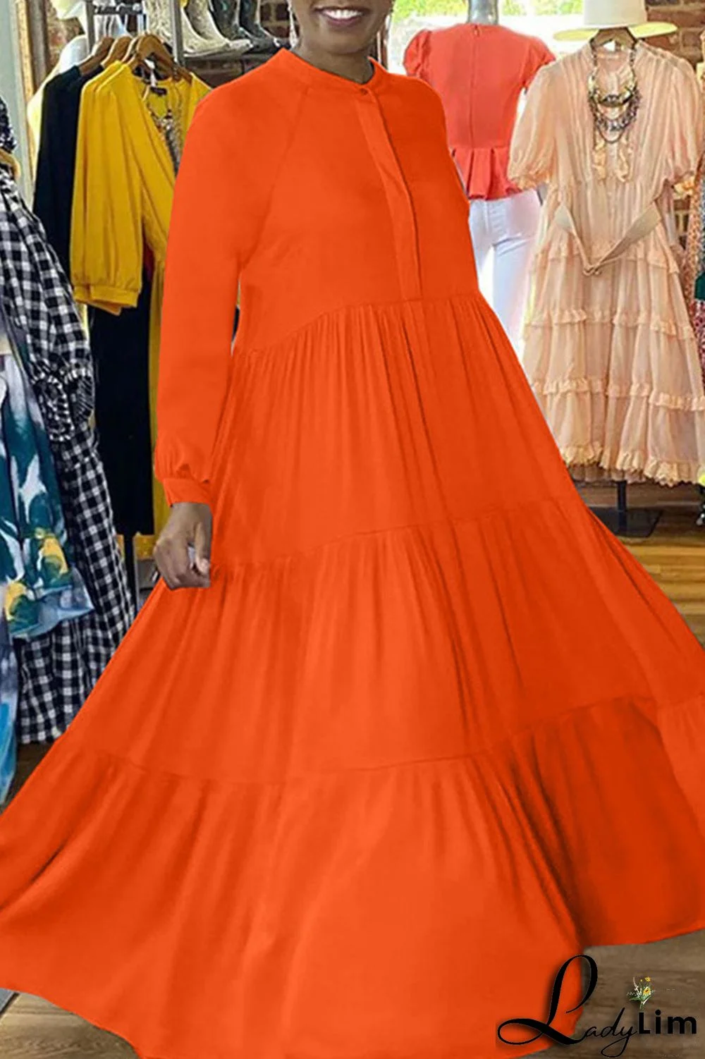 Apricot Casual Solid Patchwork Fold O Neck Straight Dresses