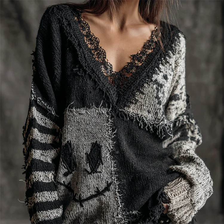 Halloween Spooky Face Contrast Patchwork Cozy Knit Sweater