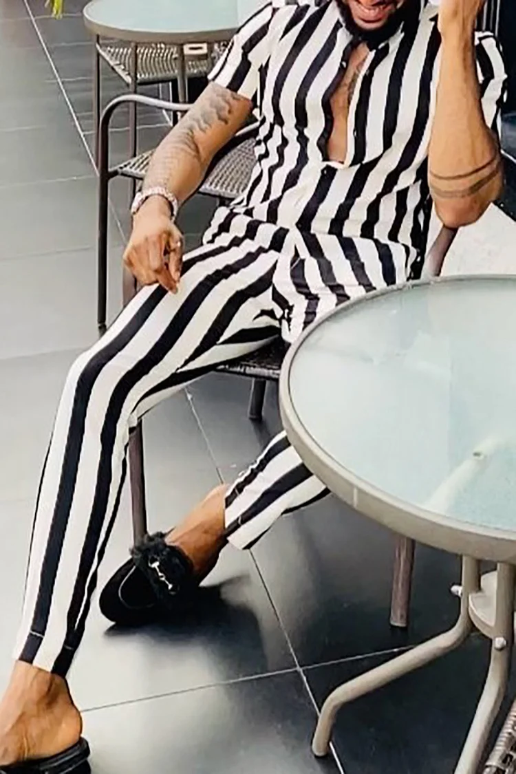 Black And White Striped Print Casual Two Piece Set