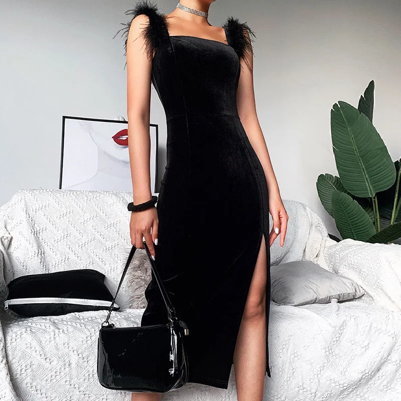 Sleeveless Split Hem Dresses Luxury Elegant Party Backless Sexy One-Step Dress Square Collar Velvet Casual Slim Women's Clothing