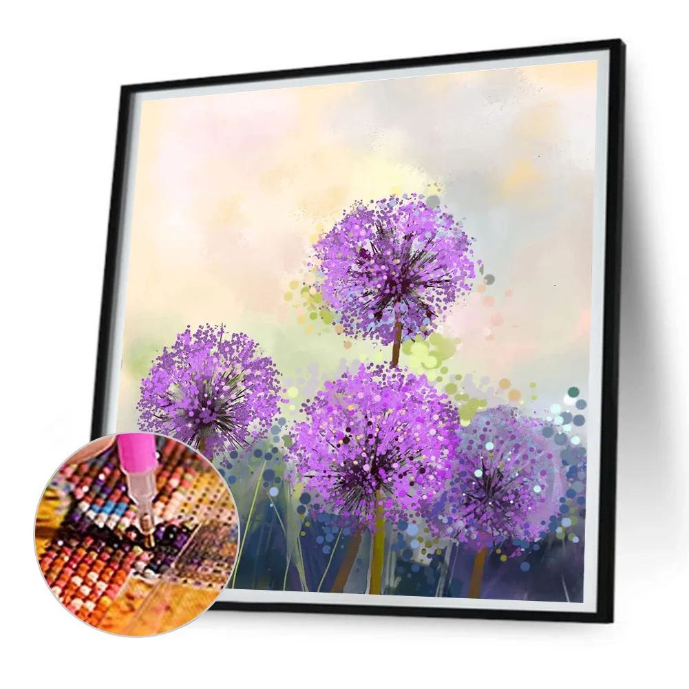 5D DIY Full Round Drill Diamond Painting Purple Dandelion Kit Home Decor 30x30cm