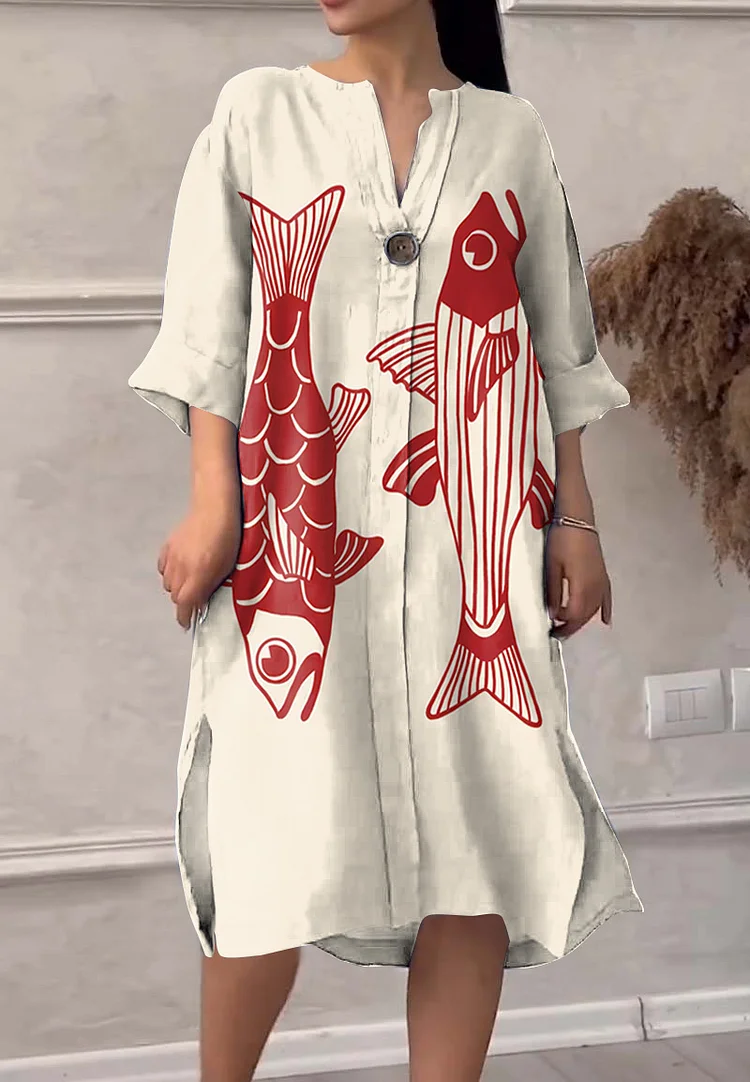 Vintage Fish Print Button V Neck Midi Dress