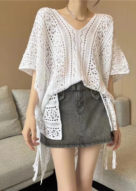 Women White Oversized Side Open Hollow Out Knit Long Smock Summer