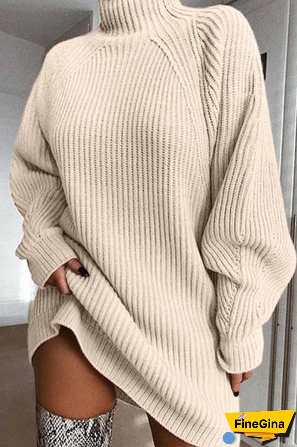 Loose High Neck Striped  Mini Dress