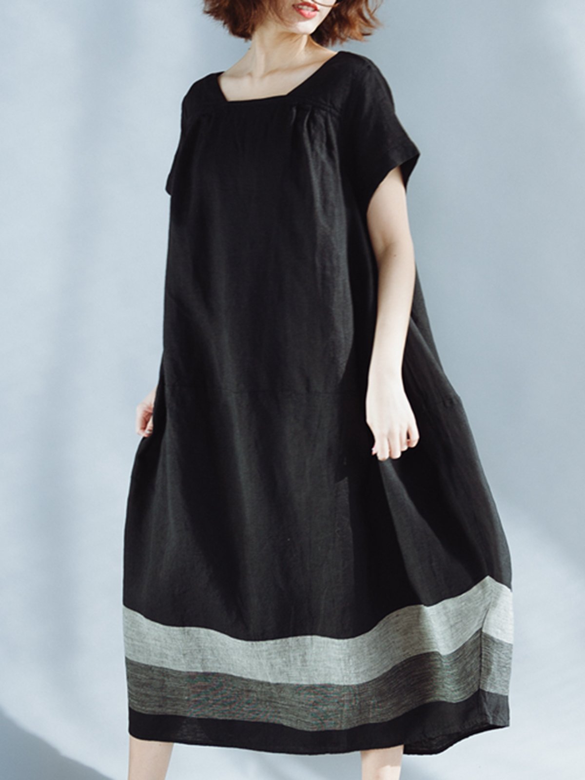 Casual Plus Size Linen Square Neck Shift Dress