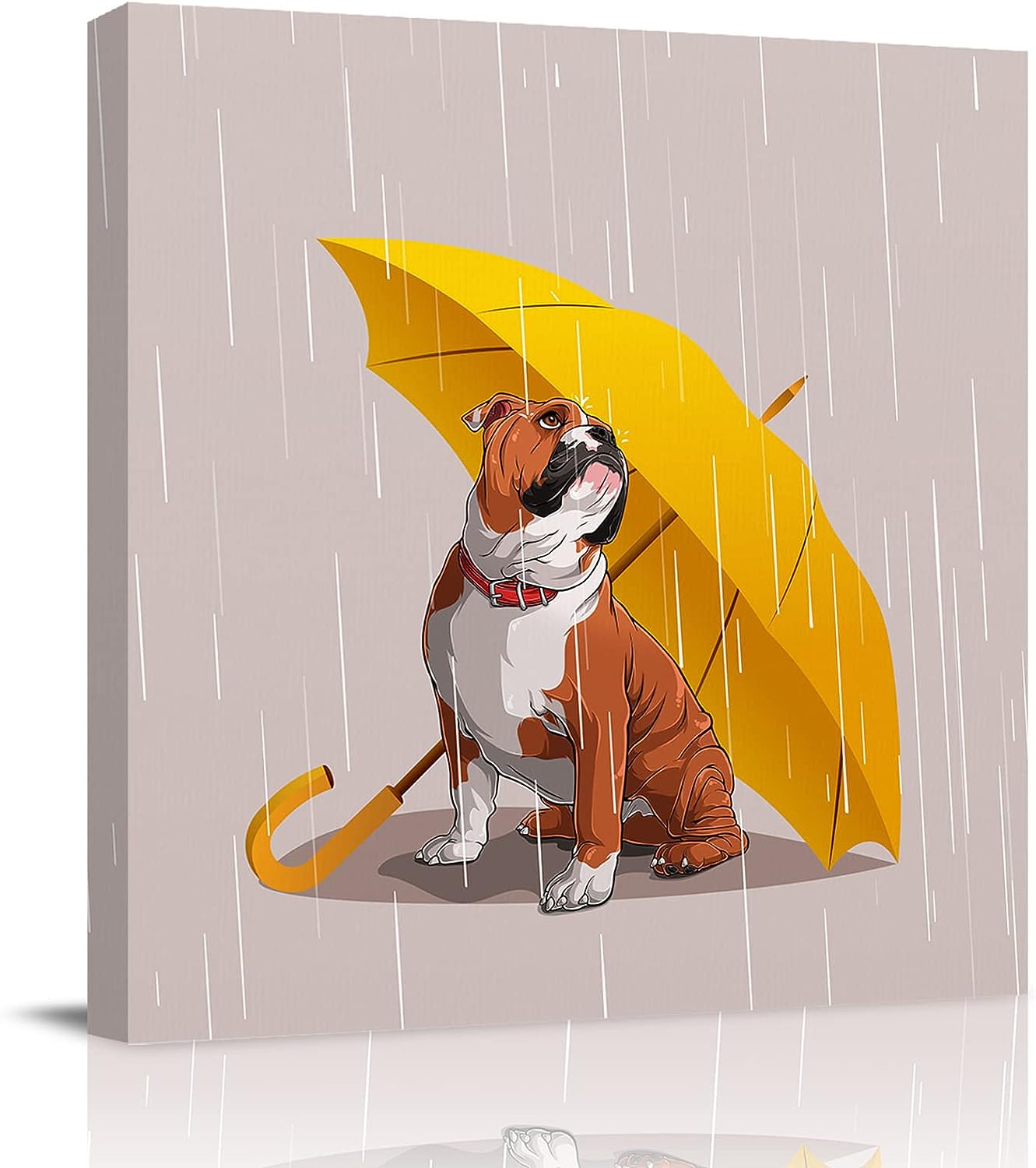Canvas Wall Art for Living Room Rainy Day Bulldog Holding a Yellow Umbrella Canvas Prints Picture Framed Wall Decor for Holiday Bedroom Bathroom Framhouse Office Home Decoration, 16 inch x16 inch  16 x 16 in