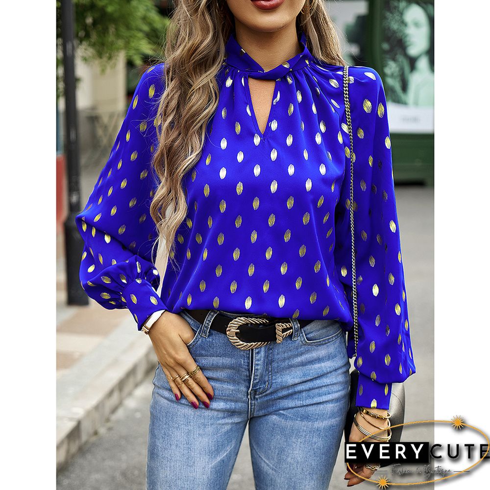 Royal Blue Notched Neck Pleated Cuffs Long Sleeve Tops